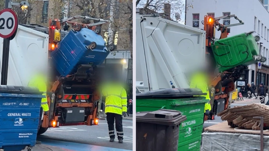 Collage showing a truck collecting refuse at one location (left), before moving to a different collection point and mixing recycling with the previous collection (right).