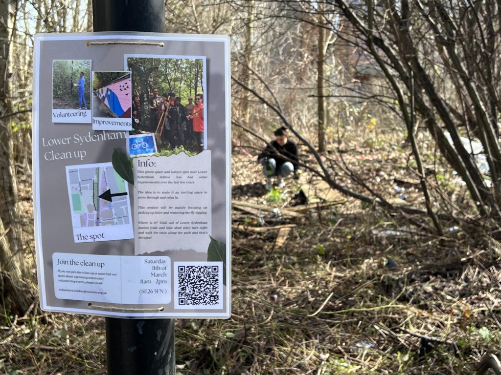 A sign that explains where the cleanup is taking place in Lower Sydenham and how to join the cleanup and a QR code with extra information. 
